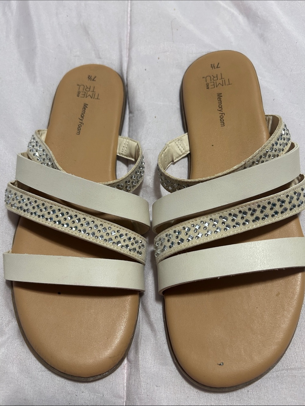 Time and Tru Cream Slide Sandals with Rhinestone Straps Size 7.5